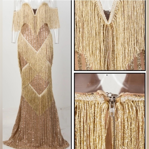 Elegant Beige Fringe Gown - Picture 7 of 11